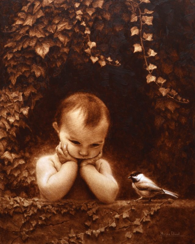 Marina Dieul La Petite Nonette child bird fantasy figure figurative oil painting