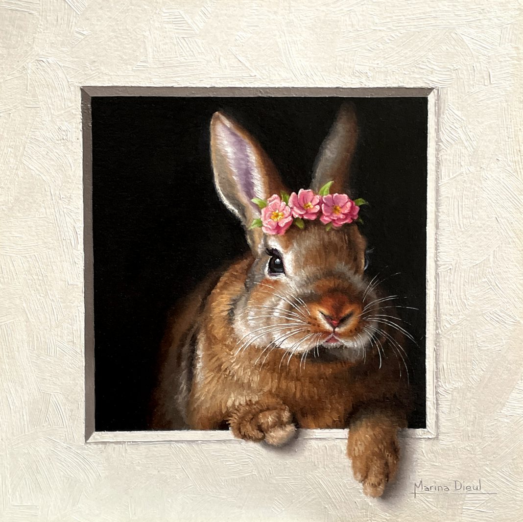 Marina Dieul Lapin 43 rabbit hare bunny western wildlife oil painting flower rose crown