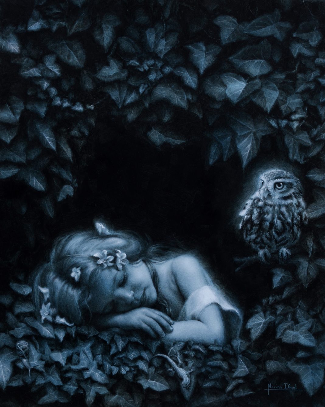 Marina Dieul Nymphe Endormie child dark night figure figurative oil painting portrait