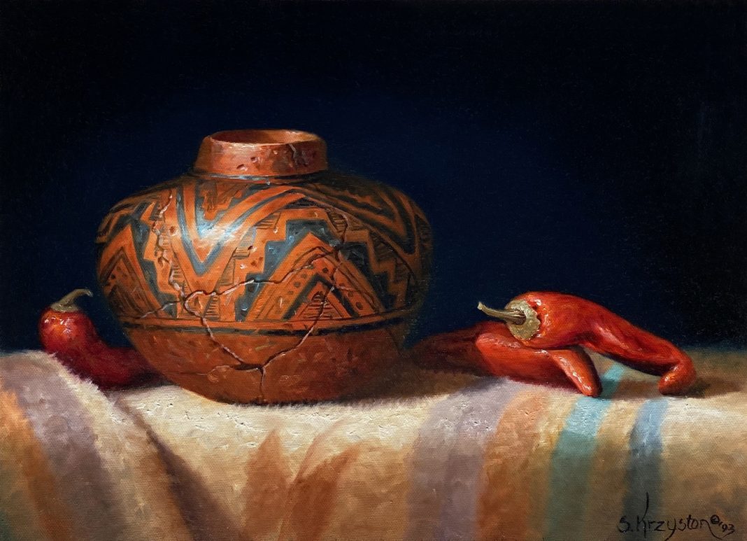 Sue Krzyston Speaks Of The Past Native American Indian still life trompe loeil oil painting pottery western oil painting