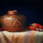 Sue Krzyston Speaks Of The Past Native American Indian still life trompe loeil oil painting pottery western oil painting