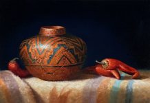 Sue Krzyston Speaks Of The Past Native American Indian still life trompe loeil oil painting pottery western oil painting