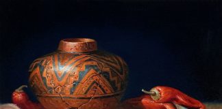Sue Krzyston Speaks Of The Past Native American Indian still life trompe loeil oil painting pottery western oil painting