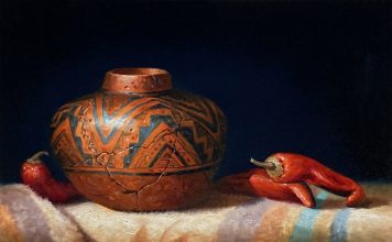 Sue Krzyston Speaks Of The Past Native American Indian still life trompe loeil oil painting pottery western oil painting