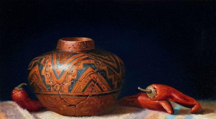 Sue Krzyston Speaks Of The Past Native American Indian still life trompe loeil oil painting pottery western oil painting