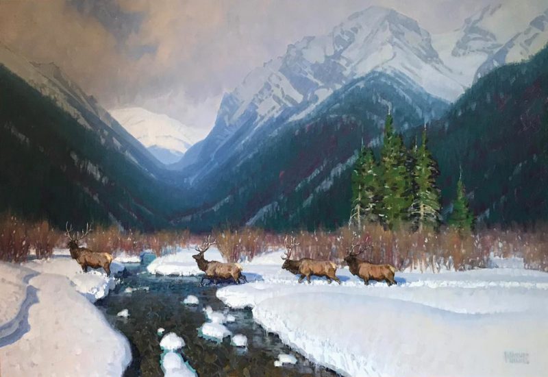 wayne wolfe mountain monarchs wildlife elk snow mountains western oil painting