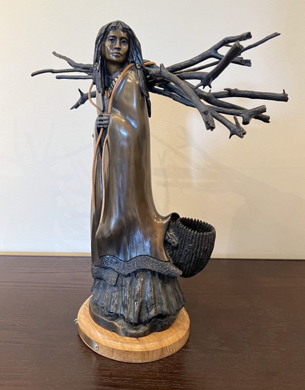 Joe Beeler First Snow Native American Indian figure figurative woman collecting wood western bronze sculpture side