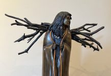 Joe Beeler First Snow Native American Indian figure figurative woman collecting wood western bronze sculpture