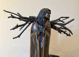 Joe Beeler First Snow Native American Indian figure figurative woman collecting wood western bronze sculpture