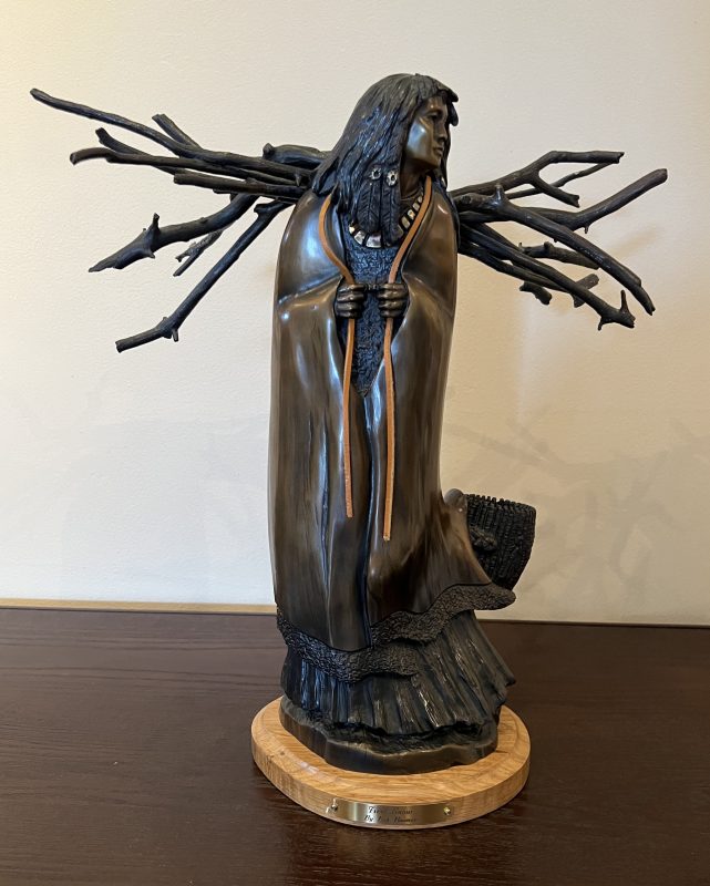 Joe Beeler First Snow Native American Indian figure figurative woman collecting wood western bronze sculpture