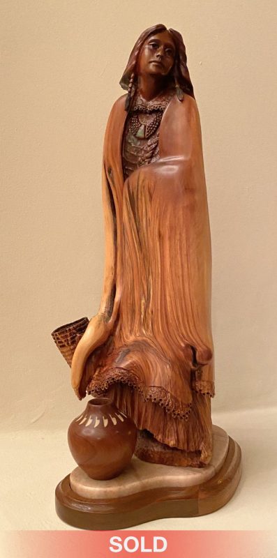 Bob Boomer Maiden With Vessels manzanita wood carving Native American woman girl western sculpture sold
