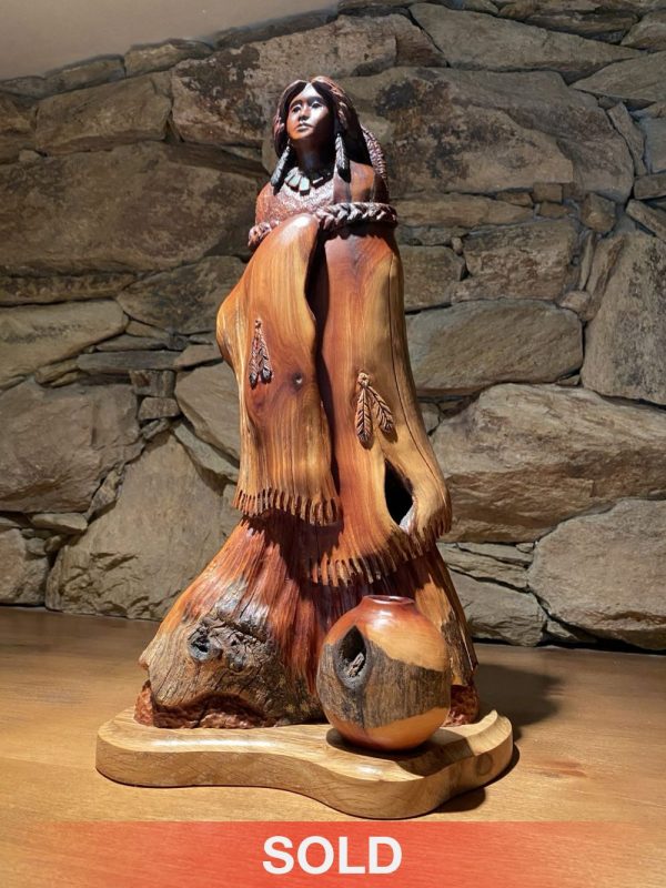 Bob Boomer Woman Child On Back Native American Indian woman baby child gourds pottery western wood sculpture sold