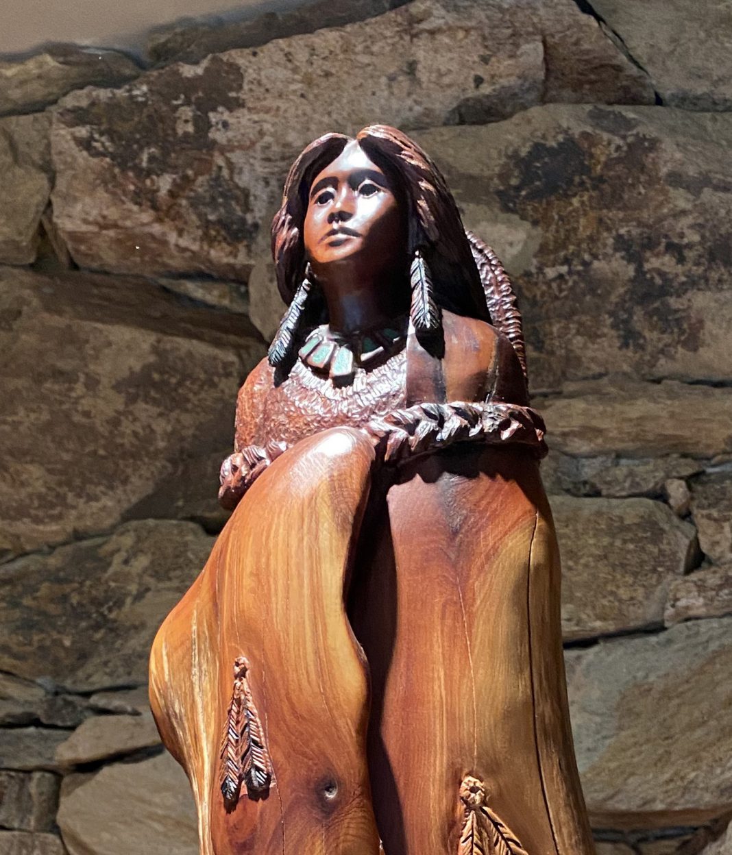 Bob Boomer Woman Child On Back Native American Indian woman baby child gourds pottery western wood sculpture close