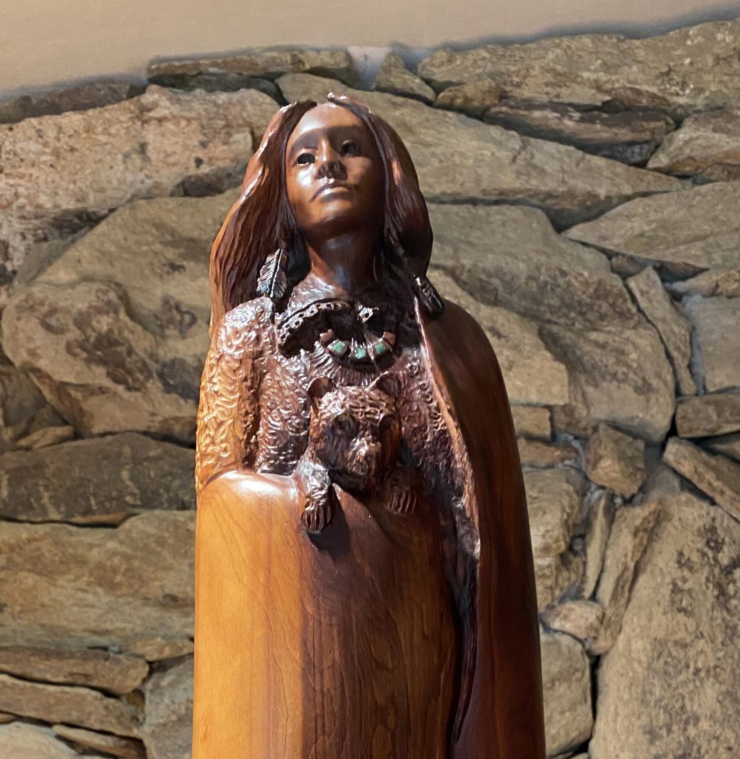 Bob Boomer Woman with Bears Native American Indian baby bears wildlife western manzanita wood sculpture close