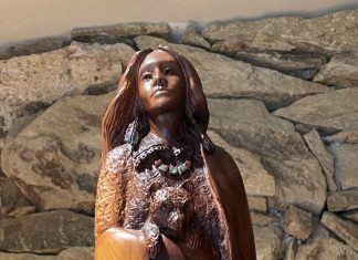 Bob Boomer Woman with Bears Native American Indian baby bears wildlife western manzanita wood sculpture close