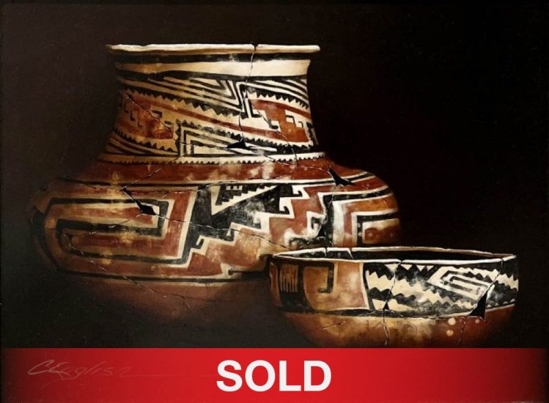 Cheryl English Ancient Artifacts Native American Indian pottery tribe artifact western oil painting sold