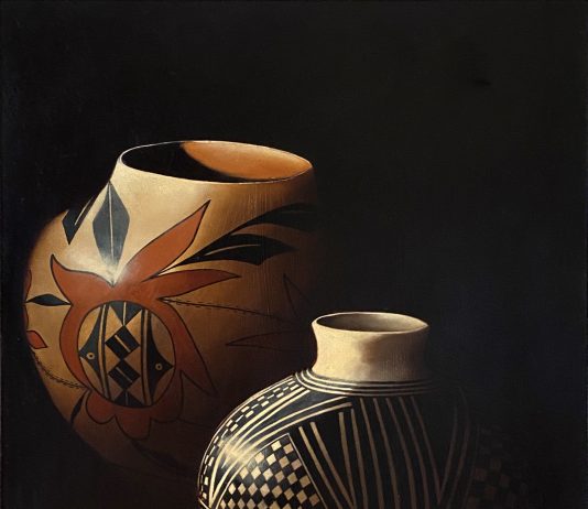 Cheryl English Two For The Road Native American pottery pot artifacts Indian stillife still life western oil painting