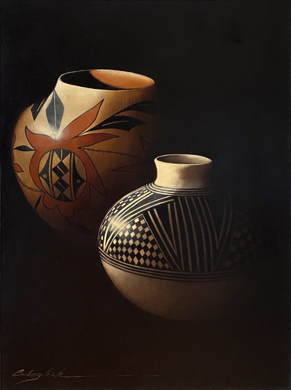 Cheryl English Two For The Road Native American pottery pot artifacts Indian stillife still life western oil painting
