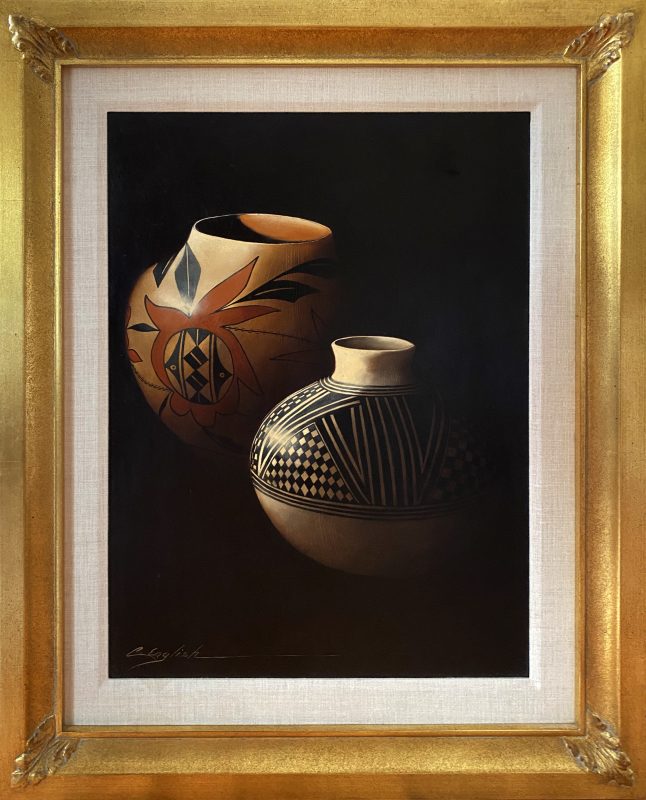 Cheryl English Two For The Road Native American pottery pot artifacts Indian stillife still life western oil painting framed