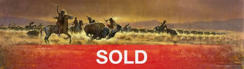 Frank Magsino Sunset Hunt Native America Indian horses buffalo bison horse equine battle western landscape oil painting hunting sold