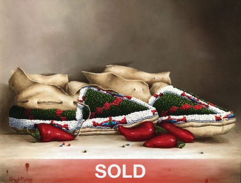 Gayle Nason Arapaho Design original Native American still life oil painting moccasins sold