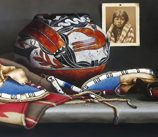 Gayle Nason A Gift From Grandmother Native American Indian pottery beaded moccasins pottery western oil painting