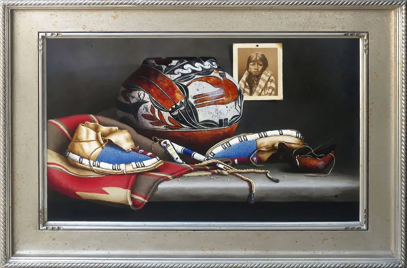 Gayle Nason A Gift From Grandmother Native American Indian pottery beaded moccasins pottery western oil painting framed