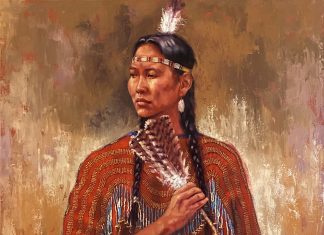 James Ayers Feather Fan Native American Indian woman princess squaw pride proud western oil painting