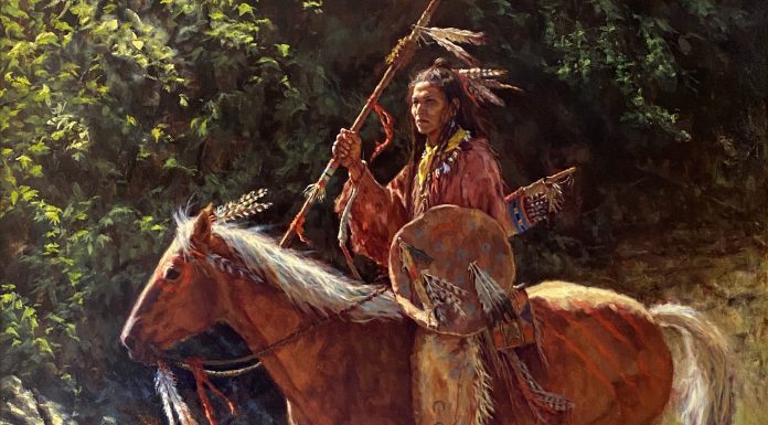 James Ayers Proud Warrior Native American Indian warrior chief horse western oil painting