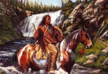 James Ayers Strong And Swift Native American horse horseback swift water river waterfall western oil painting