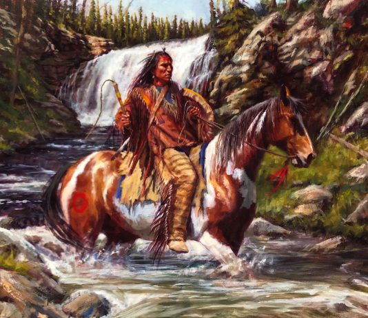 James Ayers Strong And Swift Native American horse horseback swift water river waterfall western oil painting