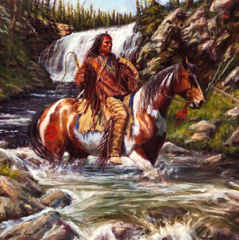 James Ayers Strong And Swift Native American horse horseback swift water river waterfall western oil painting