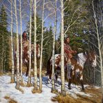 James Ayers Through The Forest Native American Indians warriors chief horse snow aspen tree western oil painting sold