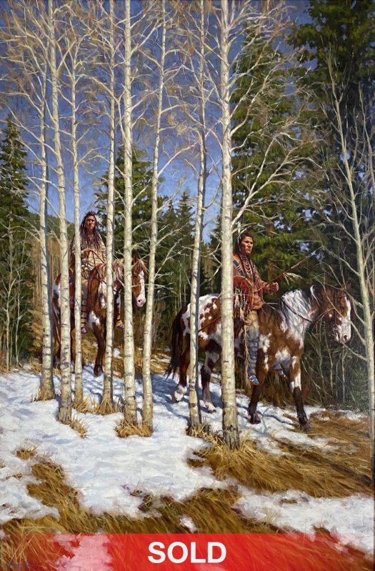 James Ayers Through The Forest Native American Indians warriors chief horse snow aspen tree western oil painting sold