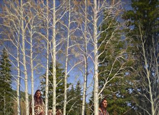 James Ayers Through The Forest Native American Indians warriors chief horse snow aspen tree western oil painting