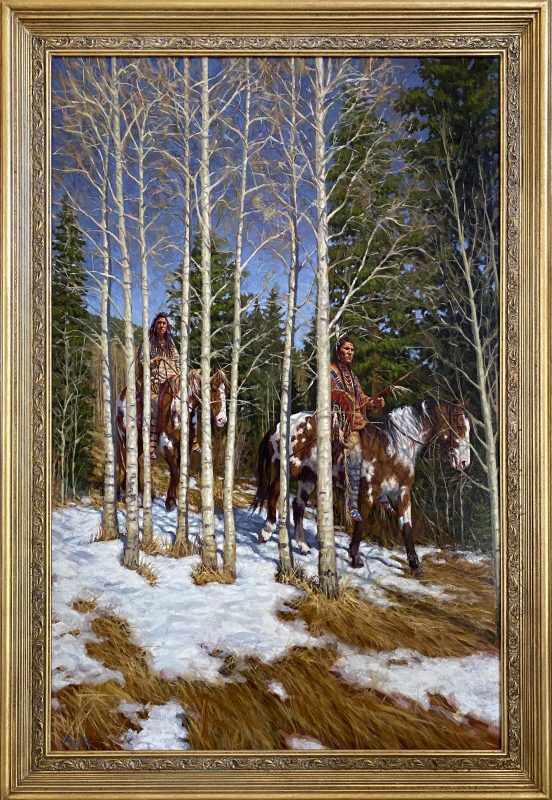 James Ayers Through The Forest Native American Indians warriors chief horse snow aspen tree western oil painting framed