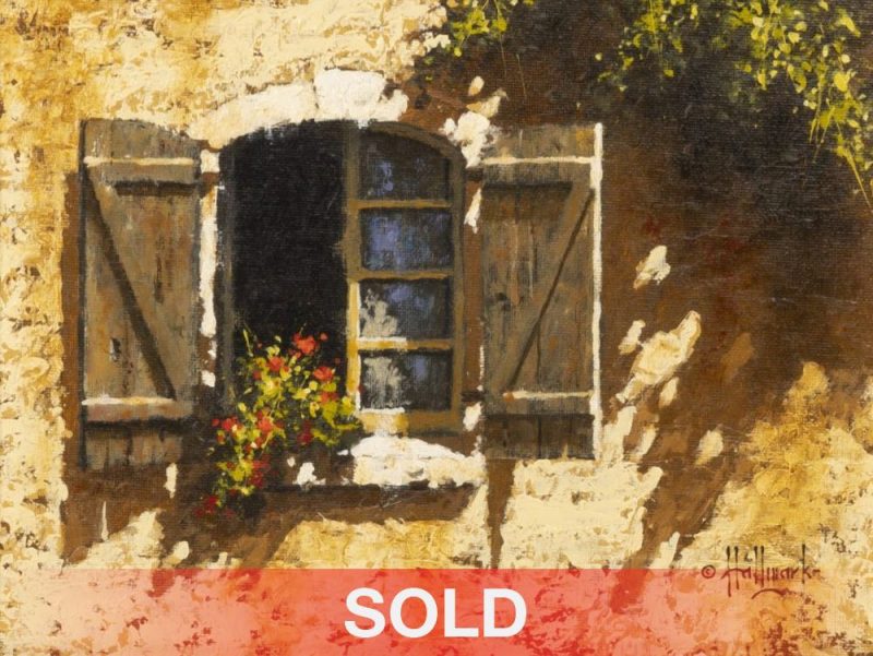 George Hallmark "Window In Lembeye" adobe architecture flowers western oil painting