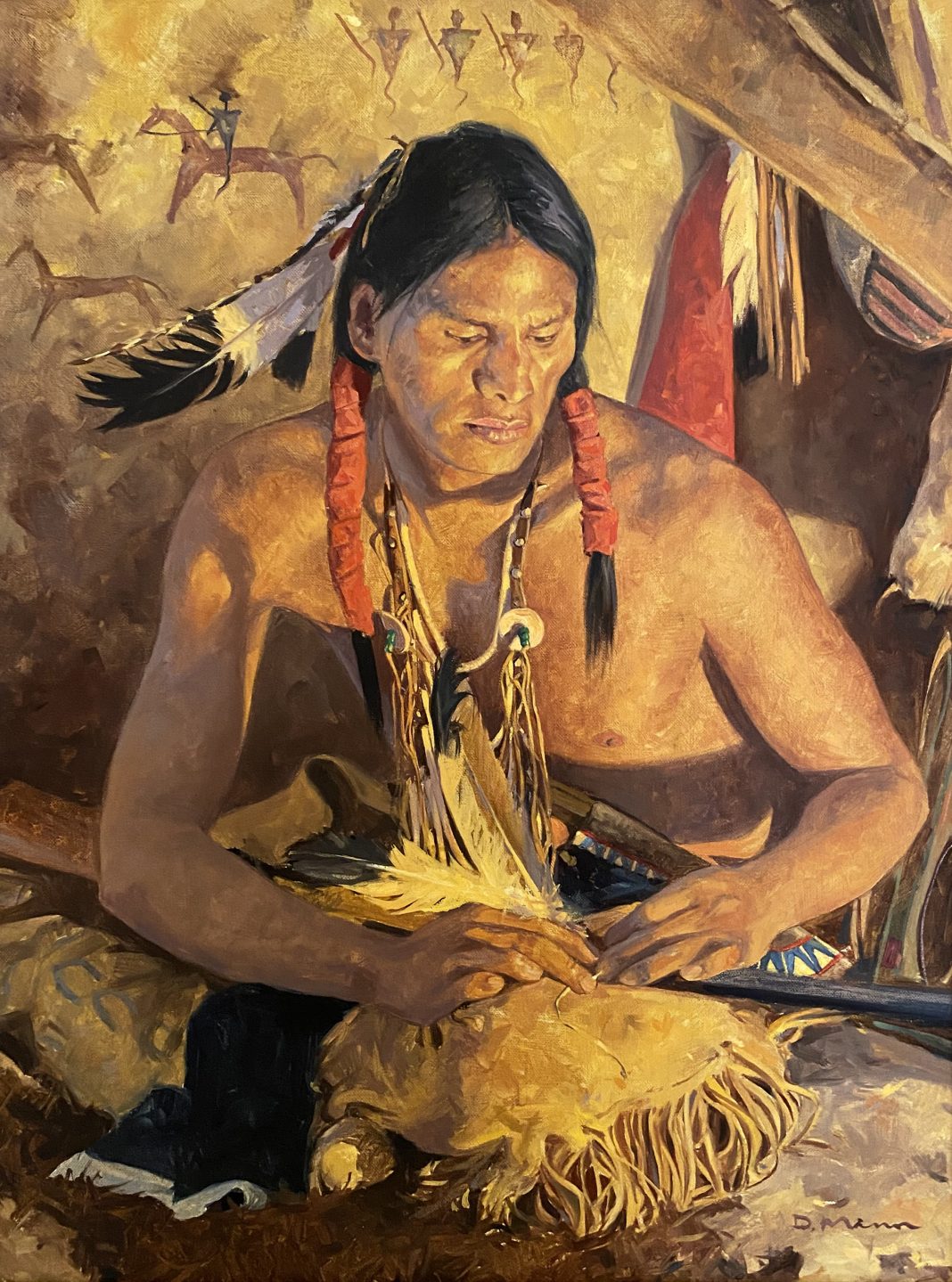 David Mann Medicine Feathers Native American warrior man scout elder warrior western oil painting