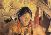 David Mann Medicine Feathers Native American warrior man scout elder warrior western oil painting