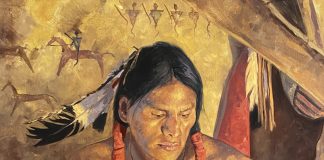 David Mann Medicine Feathers Native American warrior man scout elder warrior western oil painting