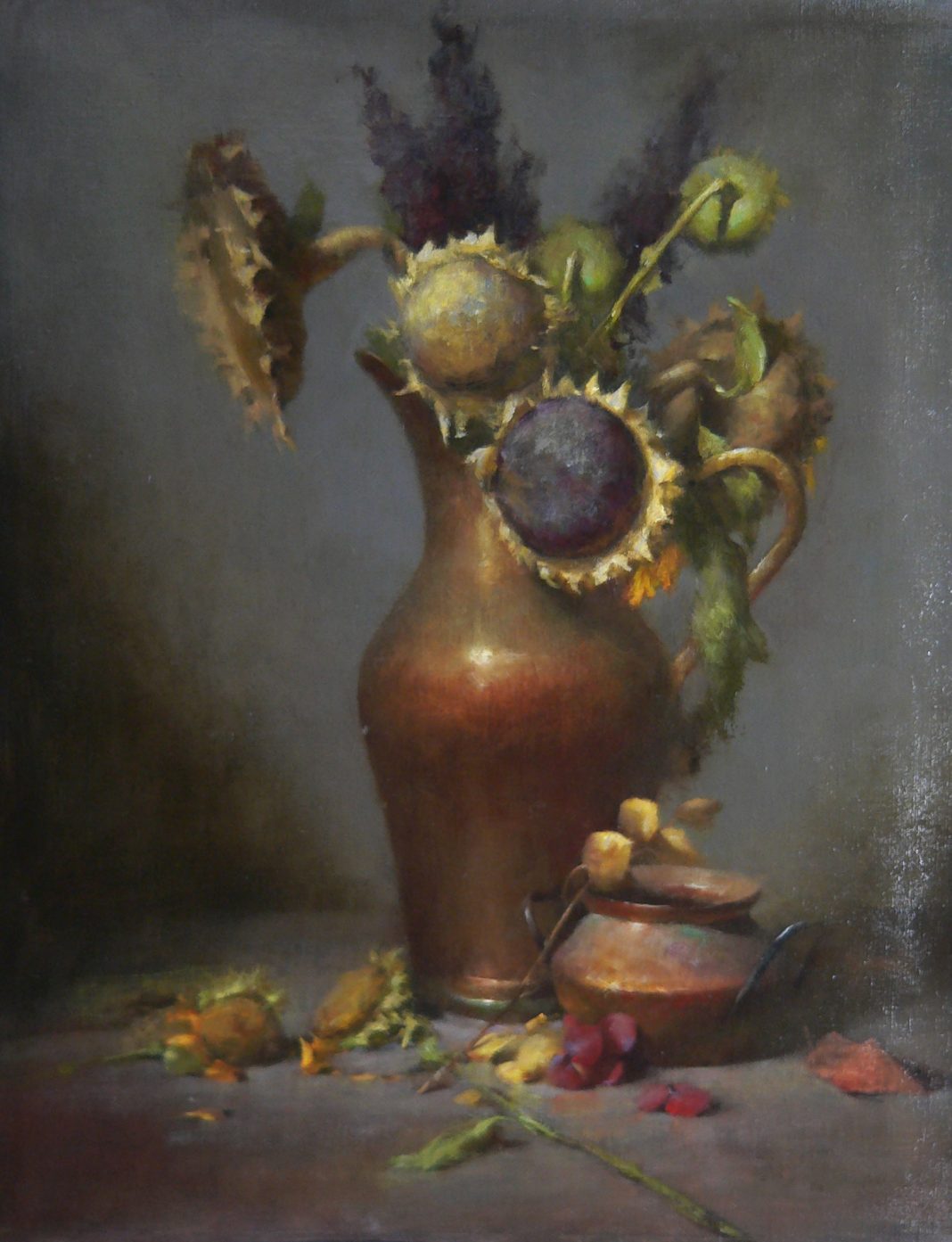 David Riedel Artifacts sunflowers flower copper pot floral still life oil painting
