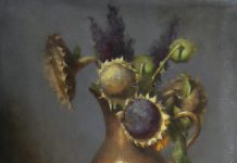 David Riedel Artifacts sunflowers flower copper pot floral still life oil painting