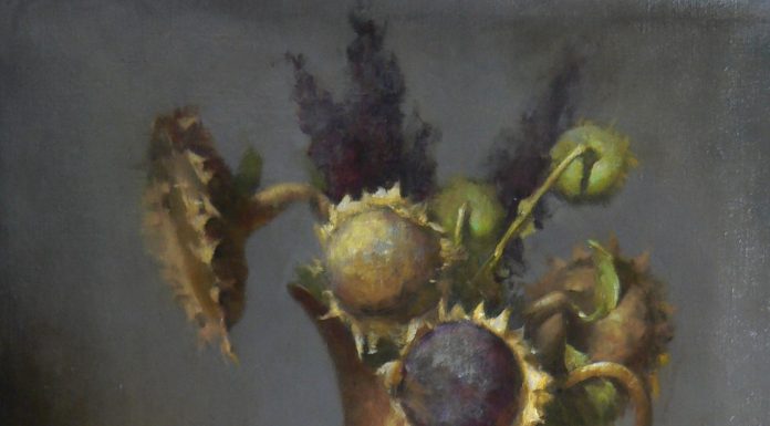 David Riedel Artifacts sunflowers flower copper pot floral still life oil painting