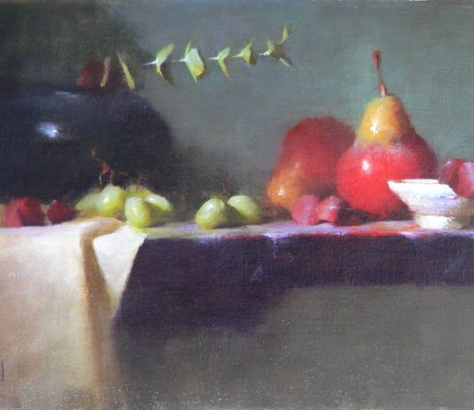 David Riedel Red Pears still life oil painting