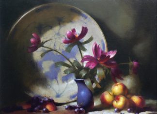 David Riedel Tonettes Heirloom Bowl pottery still life fruit apples peonies oil painting