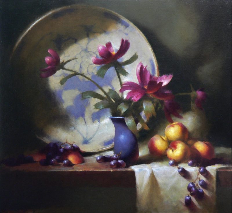 David Riedel Tonettes Heirloom Bowl pottery still life fruit apples peonies oil painting