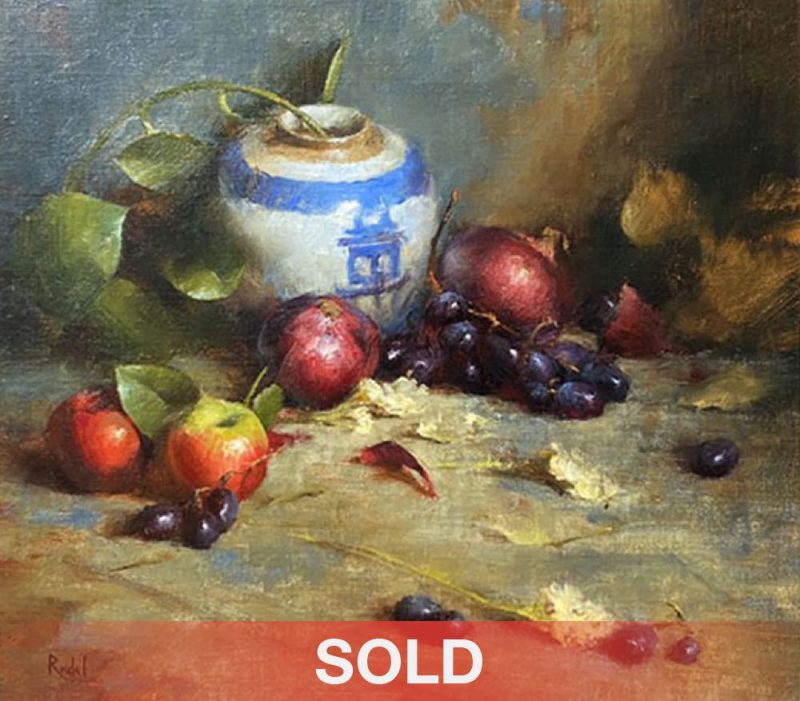 David Riedel White Vase oriental pot fruit apple grapes pomegranate still life oil painting sold