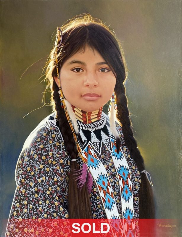 Donald Crowley Evening Light Native American girl woman Indian Paiute flowered flower dress western oil painting sold
