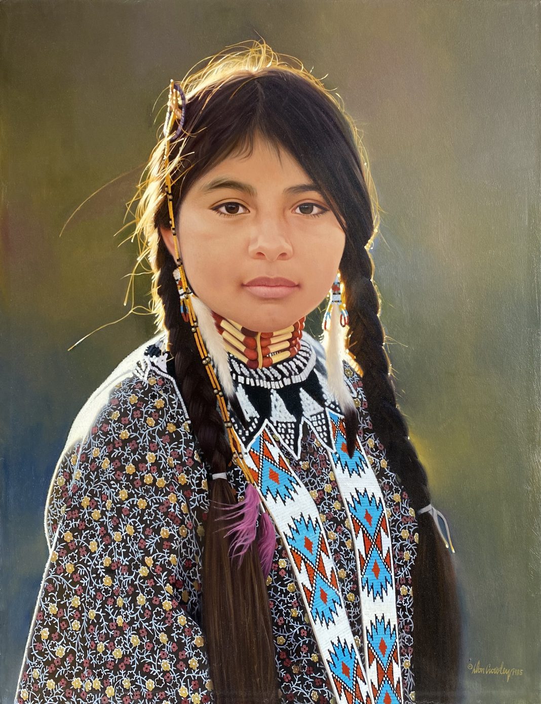 Donald Crowley Evening Light Native American girl woman Indian Paiute flowered flower dress western oil painting