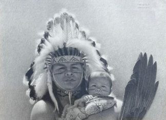 Donald Crowley Greyhawk and Son Native American Indian portrait feather fan headdress figurative western pencil graphite drawing painting